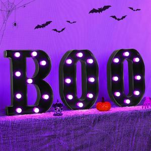 Halloween Decorations Indoor - Boo 3 Pack LED Light Up Hanging Letters Black Boo Signs Light for Indoor Halloween Decor Home Table Party Wall Mantel Fireplace Bedroom, Purple Lights