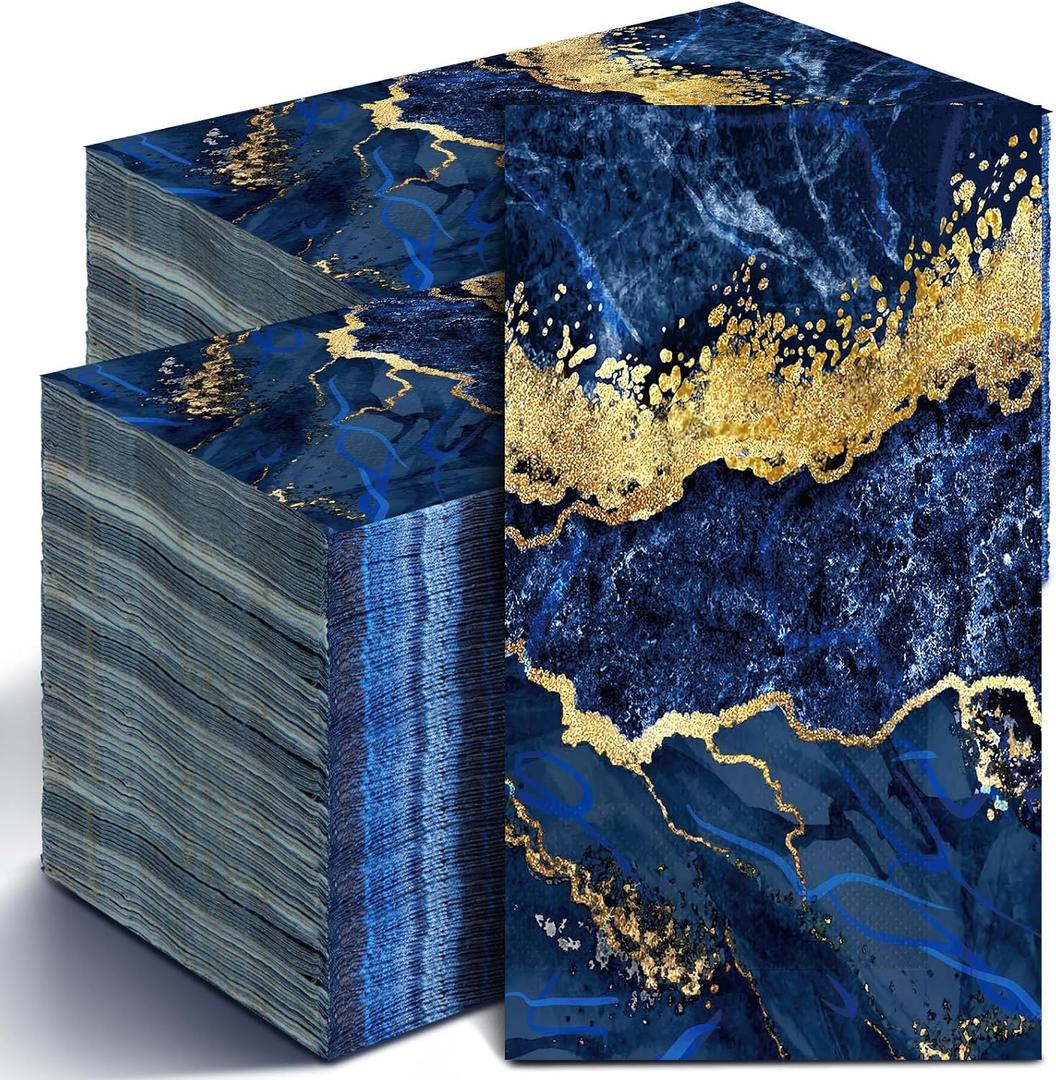 Geyoga 200 Pcs Marble Guest Napkins 2 Ply Disposable Guest Bathroom Paper Blue Gold Decorative Napkins Marbleized Hand Towels for Home Bathroom Kitchen Party Table Decor
