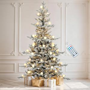 DWVO 6ft Prelit Flocked Aspen Fir Christmas Tree with Bulbs and Lights, Full Artificial Xmas Tree with 1336 Metal Hinged PE & PVC Flame Resistant Branches, 46 Bulbs and 270 Lights Remote Controlled