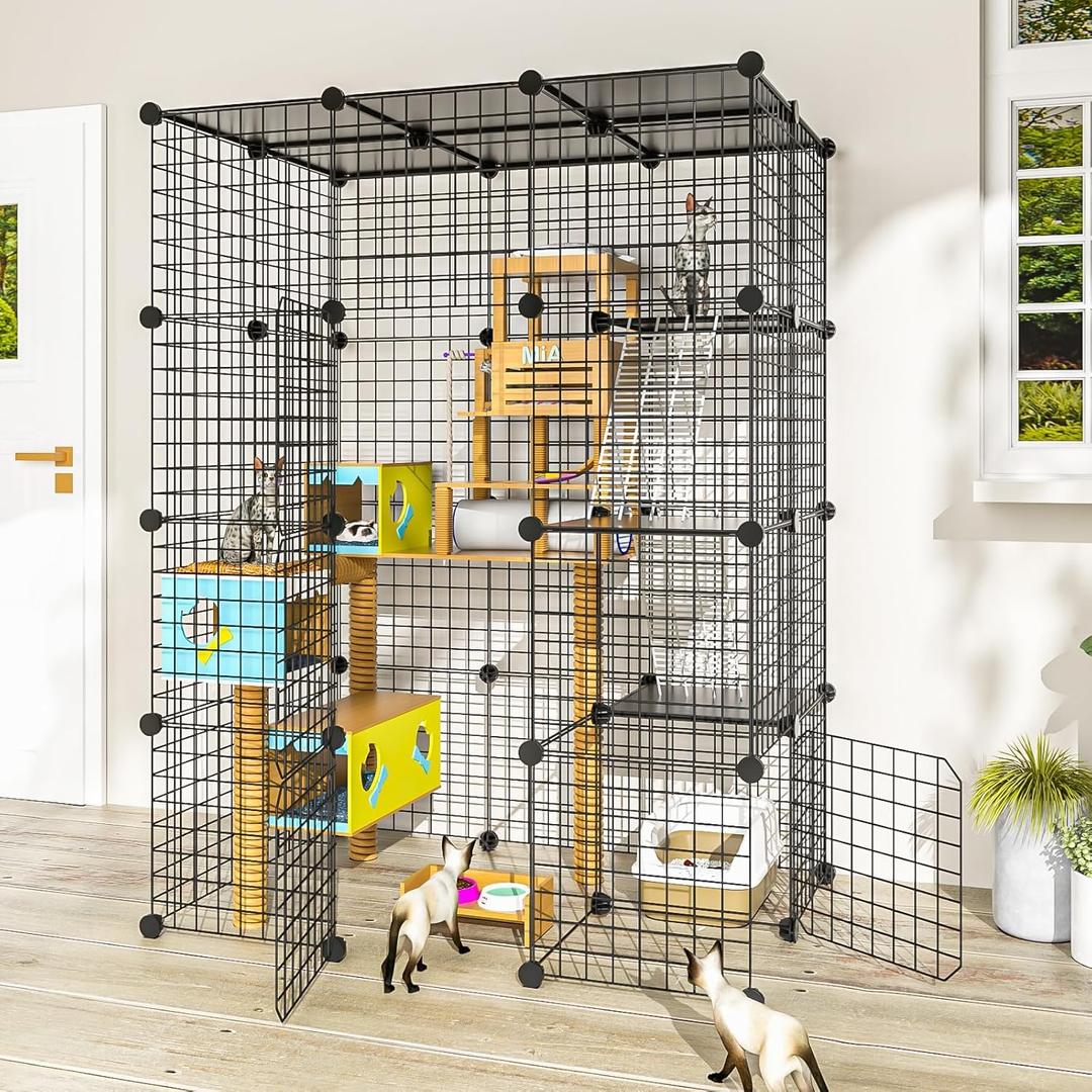 PAWING Cat Large Enclosure - DIY Catio Ideal for 1-3 Cats, Indoor & Outdoor, Detachable Metal Wire Kennel, 2x3x4 Exercise Place