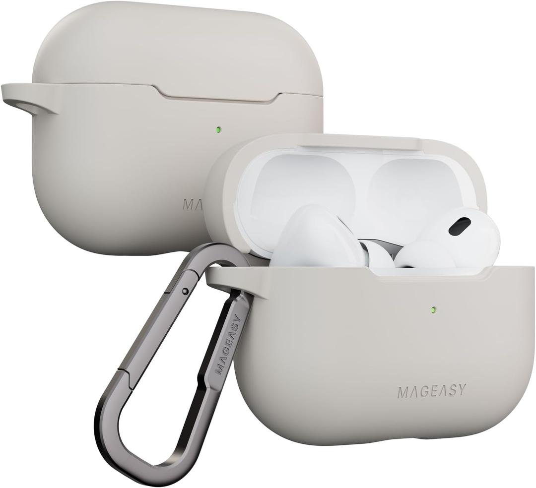 MAGEASY Skin AirPods Pro 2 Case with Carabiner Clip Included, Shockproof Silicone Case for AirPod Pro Case Cover for 1st & 2nd Generation, Stain-Resistant, Wireless Charging (Starlight White)