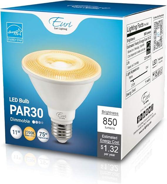 Euri Lighting EP30-11W6020es Dimmable LED PAR30 Short Neck, 11W (75W Equal) 850lm, 80 CRI, Warm White (2700K) 40° Beam Angle, Damp Rated, UL, Energy Star, 3YR 25K HR WTY, One Count