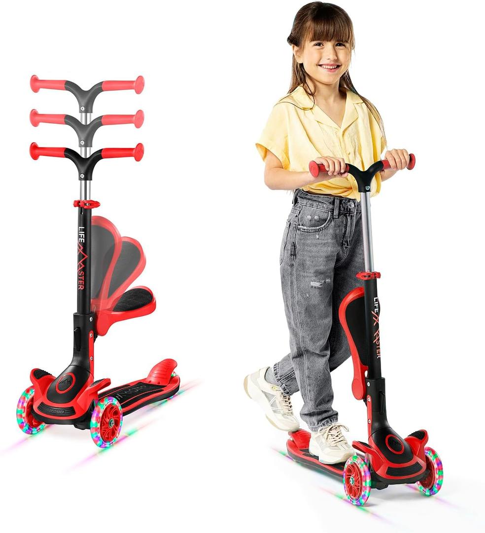 3 Wheel Scooter for Kids with Foldable Seat, Adjustable Handlebar Height, Lean-to-Steer Ride On Toy for Kids Ages 2+, Light-Up LED Wheels, Wide Anti Slip Deck, Indoor & Outdoor Use (Red)