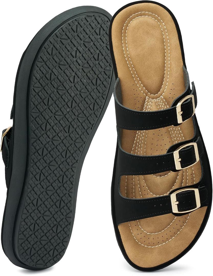 Alicegana Summer Flat Sandals for Women: Comfortable Slip On Walking Shoes Dressy Slides Sandals 2026 with Adjustable Buckle & Cushioned Footbed for Vacation Casual Outings