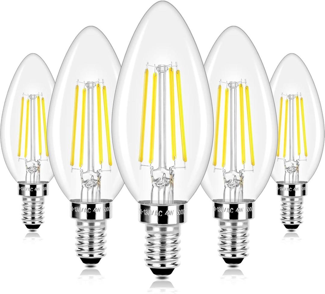 LED Candle Bulbs 40W Equivalent Dimmable, E12 Candelabra Light Bulbs 4W 470Lm Clear Edison LED Bulb, Daylight White 5000K B11 Classic Bright Filament Bulb, Decorative Lights for Lamps, Pack of 5