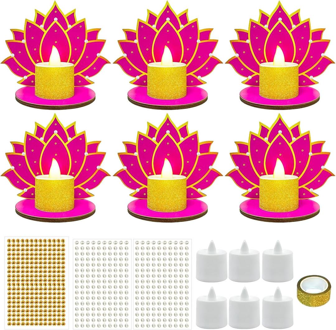 Cinrobiye 6 Set Diwali Lotus Decoration Wooden Lotus Flower Candle Lights Holder Festival of Lights Deepavali Home Decor for Temple Diwali Puja Indian New Year Party Favors Activity Supplies