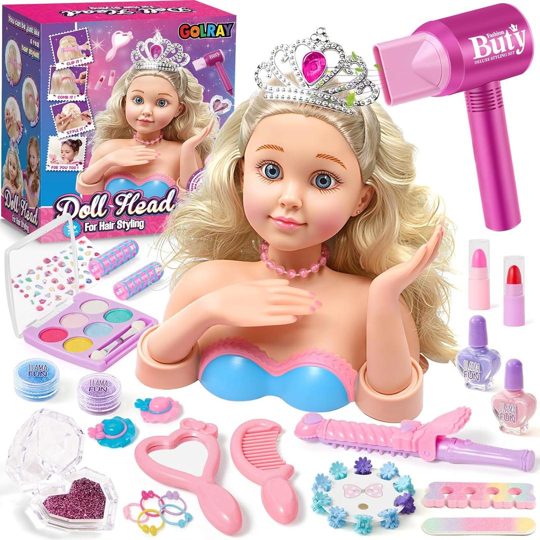 Golray Hair Styling Doll Head Makeup Kit Nail Art Girls Toys,Hair Salon Toy/ Real Cosmetics Nail Polish,Hairdryer Curling Iron Stylist Play Toy Princess Girl Birthday Gifts 3 4 5 6 7 8+ Years Old