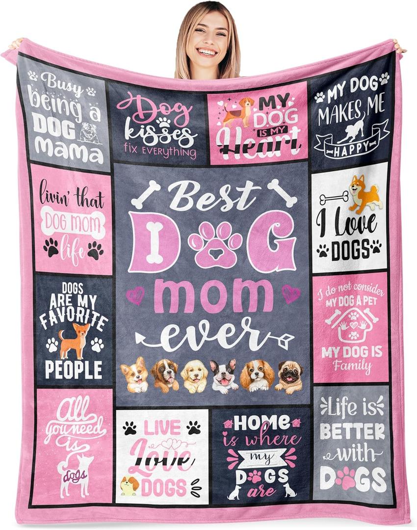 Dog Mom Blanket 60" X 50", Dog Mom Gifts for Birthday Mothers Day Chtistmas, Dogs Theme Gifts for Women Dog Lovers Owners, Soft Warm Cozy Flannel Throw for Bed SOFE Office Travel