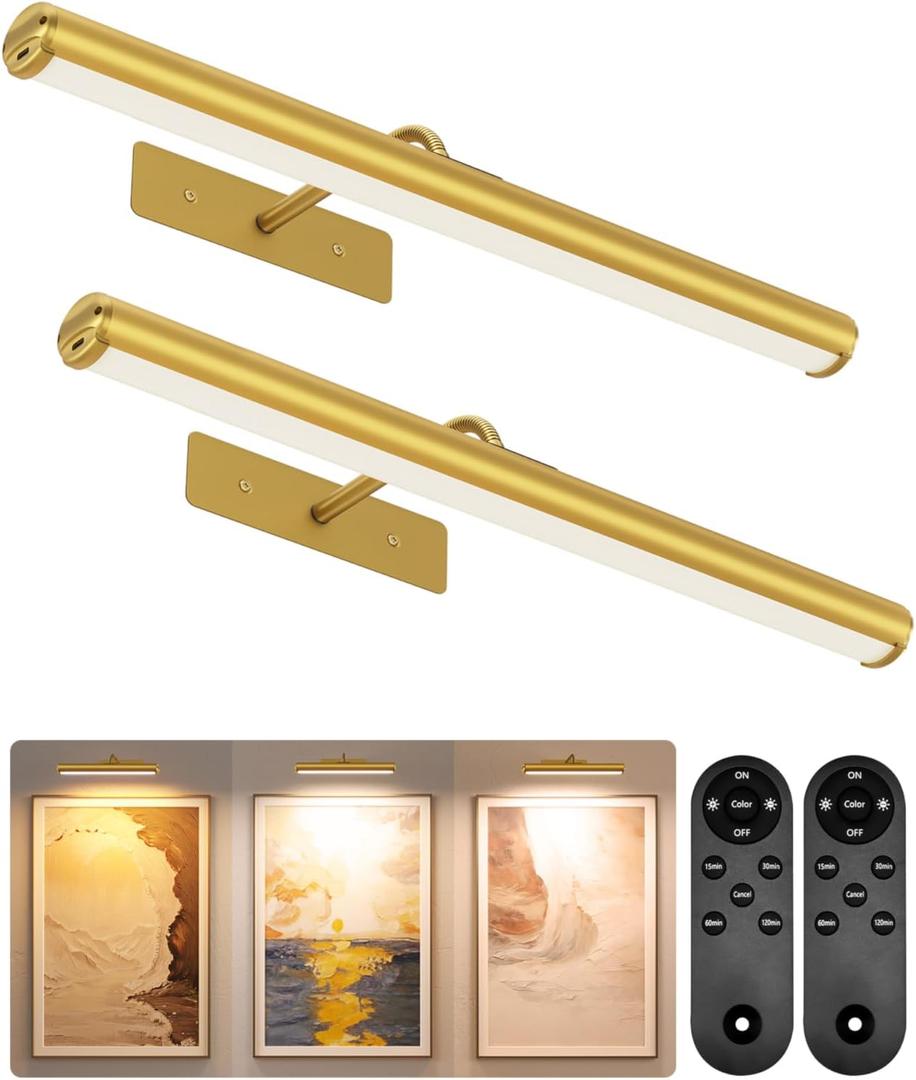 EZVALO Picture Lights for Wall, 16'' Rechargeable 6000mAh Painting Lights with Remote, Wireless Dimmable 3 Color Temps Art Lights for Gallery, Living Room, Hallway (Gold, 2Pack)