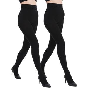 Citystl 2 Pairs Fleece Lined Tights for Women, 120D Black Opaque Warm Tights with Control Top (X-Large)