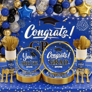 Graduation Party Decoration Supplies Class of 2026, 245 PCS Disposable Dinnerware (Serve 25) & Decor with Paper Plate Cup Napkin Cutlery Tablecloth Backdrop Balloon Garland Kit (Blue & Gold)