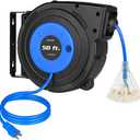 DEWENWILS Retractable Extension Cord Reel, 50 FT Heavy Duty Power Cord, 14AWG/3C SJTOW, 3 Grounded Outlets Lighted Triple Tap, 13 Amp Circuit Breaker, UL Listed,1 BOX (Blue)
