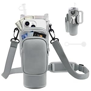 JEBEALUO Water Bottle Carrier Bag with Phone Pocket for Stanley Cup 40/ 30 oz, Water Bottle Holder with Adjustable Strap& Straw Cover, Stanley Cup Accessories (Grey)