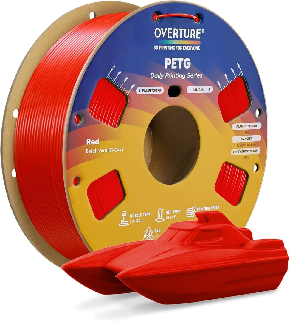 OVERTURE PETG 3D Printer Filament 1.75mm, Neatly Wound Durable PETG 1kg Spool (2.2lbs), Strong Toughness Filament, Dimensional Accuracy +/- 0.02mm, Fit Most FDM Printers (Red)