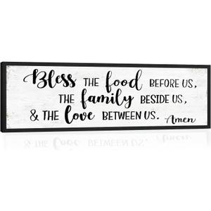 Bless the Food Before Us Wall Decor: Farmhouse Rustic Kitchen Signs Wall Decor Framed Hanging Wall Plaques 12" x 40",Inspirational Quotes The Family Beside Us Signs
