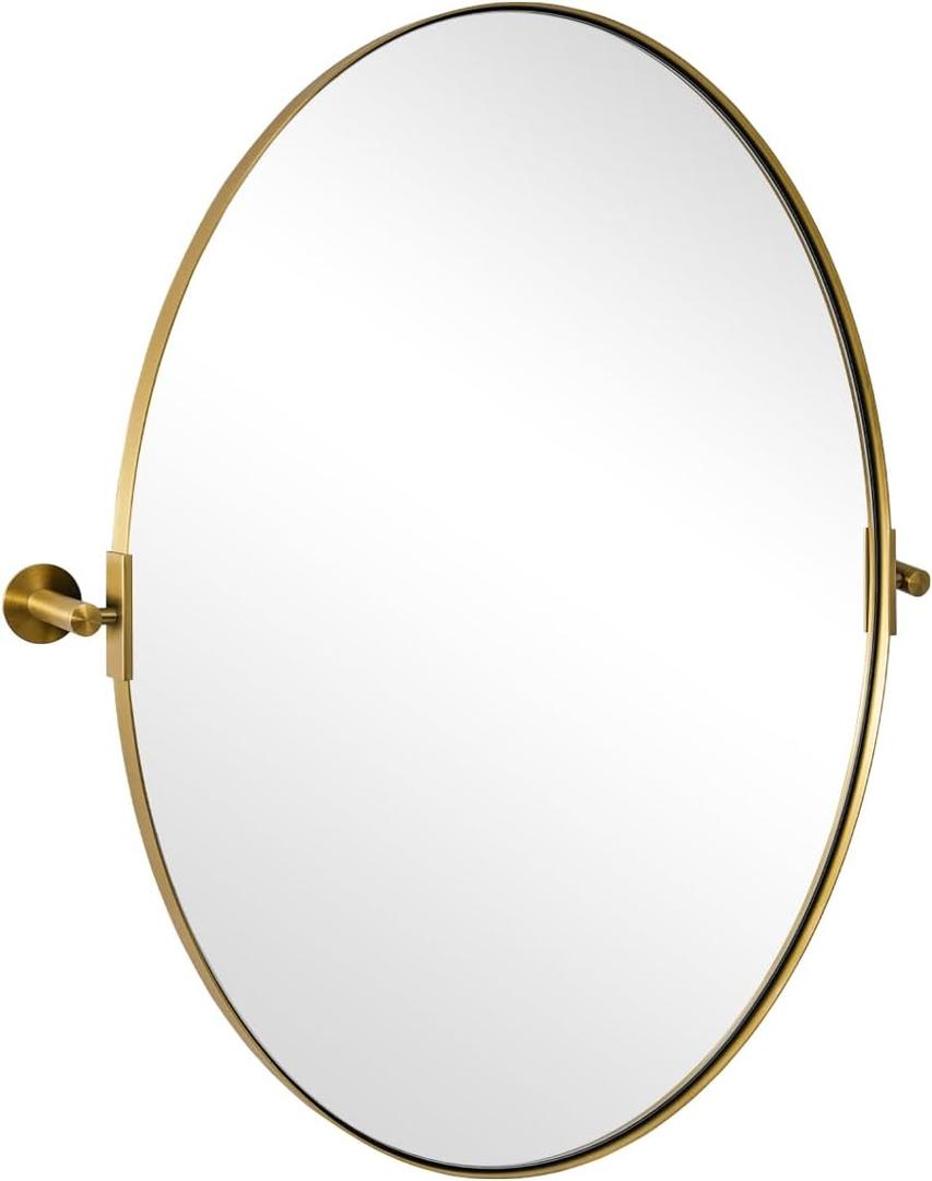 Gold Bathroom Mirror, 24" x 32" Tilting Vanity Oval Mirror for Wall, Brushed Gold Stainless Steel Metal Frame Pivot Mirror Hangs Vertically Wall-Mounted