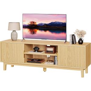 PRAISUN 54 Inch Fluted TV Stand for TVs Up to 55, 60 Inch, Mid Century Modern Entertainment Center with Storage, TV Console with Adjustable Shelves, Midea Console for Living Room Bedroom, Beige