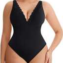 MERYOSZ Shapewear Bodysuit Tummy Control Body Shaper for Women V Neck Bodysuits Thong Lace Camisoles Jumpsuit Tops (Large, Black)