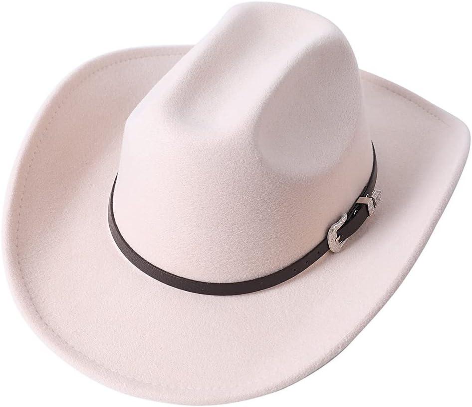 Men Women Wide Brim Western Cowboy Cowgirl Hats with Buckle Belt (Beige)