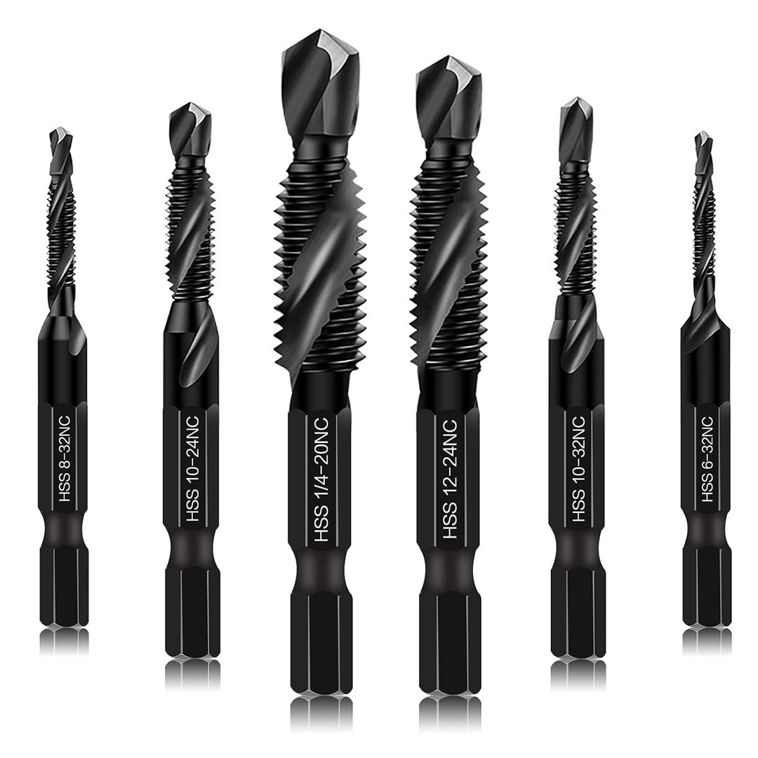 6 Packs Combination Drill & Taps Bit Set, Screw Tapping in SAE Size 6-32nc 8-32nc 10-32nc 10-24nc 12-24nc 1/4-20nc with Anti-Rust Black Coating, 1/4 Hex Shank and Storage Case
