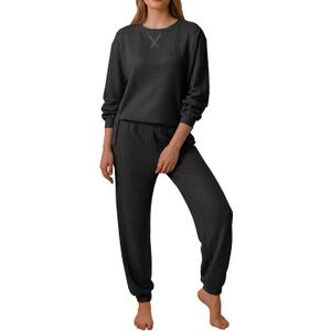 Ekouaer Waffle Knit Lounge Sets for Women Long Sleeve Pajamas Set with Pockets 2 Pieces Outfits Top and Pants (Large, Black)