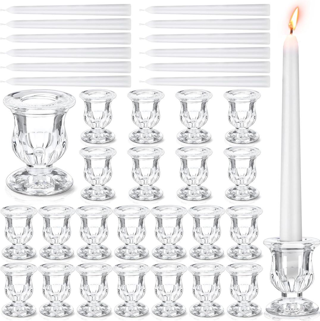 48 Pcs Glass Candlestick Holders Bulk Christmas Taper Candle Holders Decor 2.5 Inch with Long Tapered Candles for Table Centerpiece Wedding Holiday Party Decoration