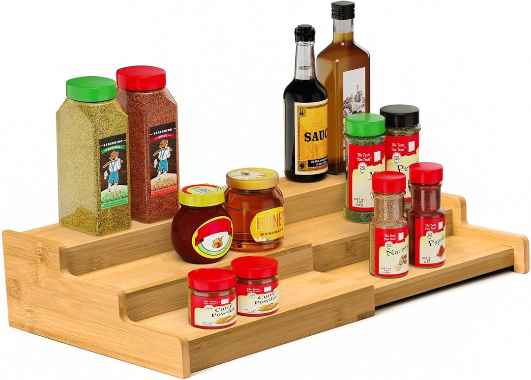 Spice Rack, 3-Tier Expandable Bamboo Spice Rack Organizer for Cabinet - Kitchen, Pantry and Cupboard Storage Organizer