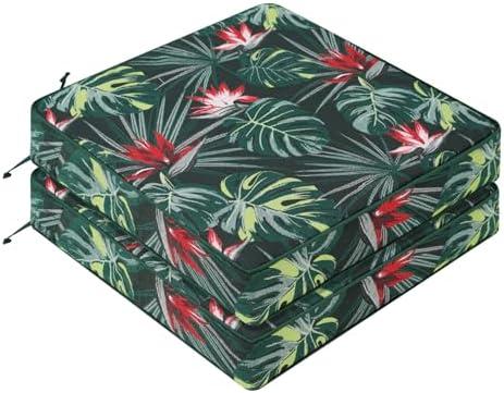 Favoyard Outdoor Chair Cushion 19 x 19 x 3 In Waterproof Pattern Fade Resistant Cushions for Patio Furniture with Removable Cover Attach Straps 28D Foam Insert Cushions Pads for Seat Sofa Couch 2 Pack