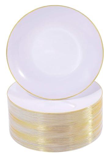 Nervure 100Pieces White with Gold Rim Plastic Plates - 7.5inch Disposable Gold Salad/Dessert Plate - White and Gold Plastic Plates Ideal for Wedding & Party