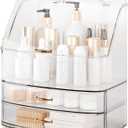 Makeup Organizer Countertop Vanity with Transparent Lid Drawers Waterproof Dustproof Cosmetic Skincare Bathroom Storage Gift for Women Teens Girls (Clear Whtie)