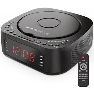 CD Player Alarm Clock with Remote:CD/MP3,Bluetooth,FM Radio with Speakers,USB Charger and Dimmable Display for Bedroom-Dual Alarm with Optional Sound Suitable for Heavy/Light Sleeper