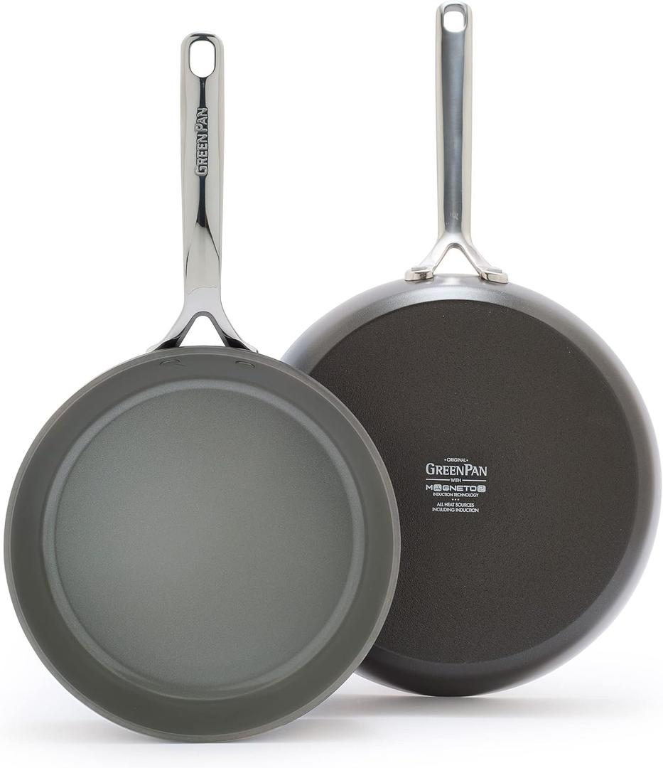 GreenPan GP5 Hard Anodized Healthy Ceramic Nonstick 9.5 & 11 2 Piece Frying Pan Skillet Set,Heavy Gauge Scratch Resistant,Stay-Flat Surface, Induction, Mirror Finish Handle,Oven Safe,PFAS-Free,Cocoa