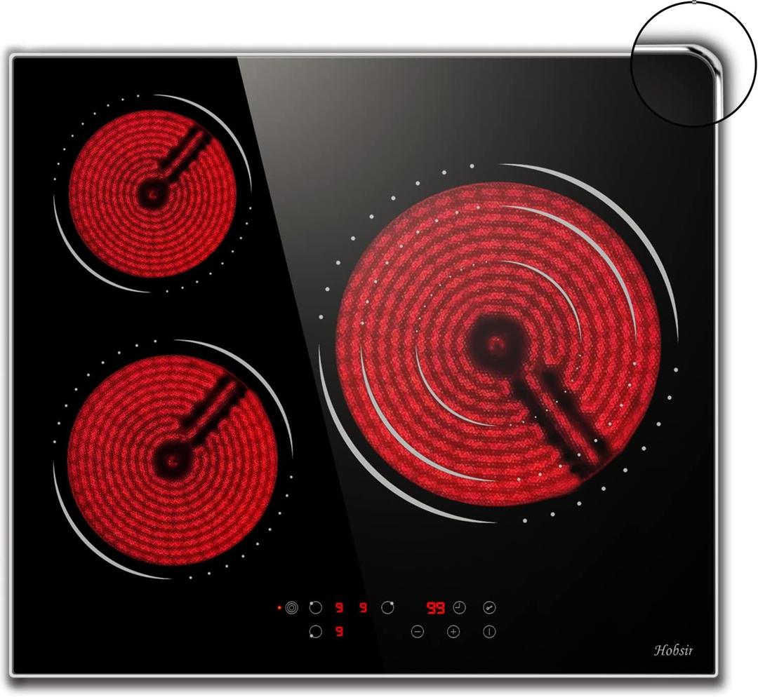 Electric Cooktop 24 inch, 3 Burners Radiant Electric Stove, Built-in Electric Stove Top, Timer & Kid Safety Lock, Glass Protection Metal Frame, 220V-240V Hard Wire (No Plug) Hobsir
