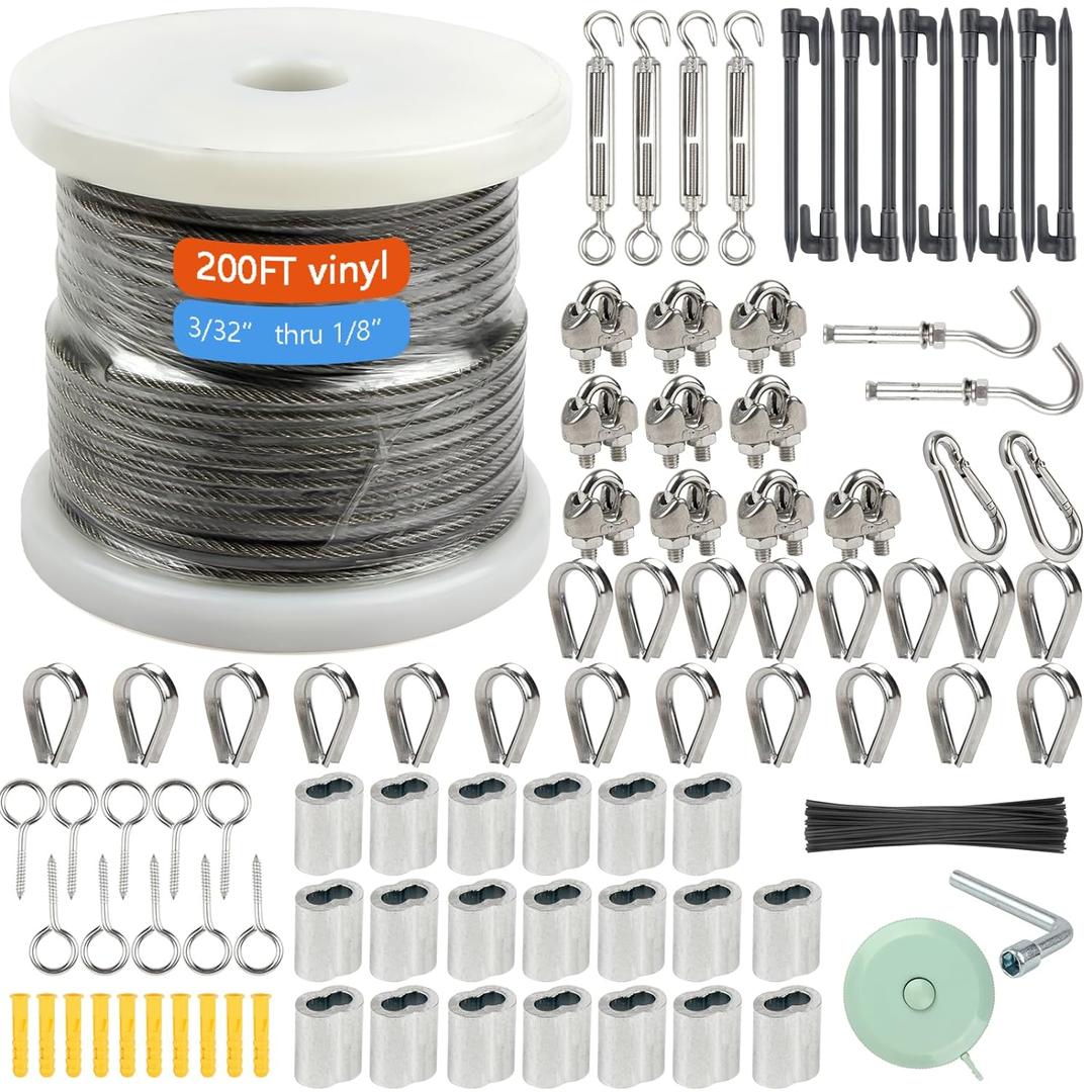1/8" Wire Rope KitSteel Wire Cable200FT Turnbuckles for Cables WireVinyl Coated Stainless Steel Cable Wire for Outdoor,Garden,Kitchen,Craft with Turnbuckle