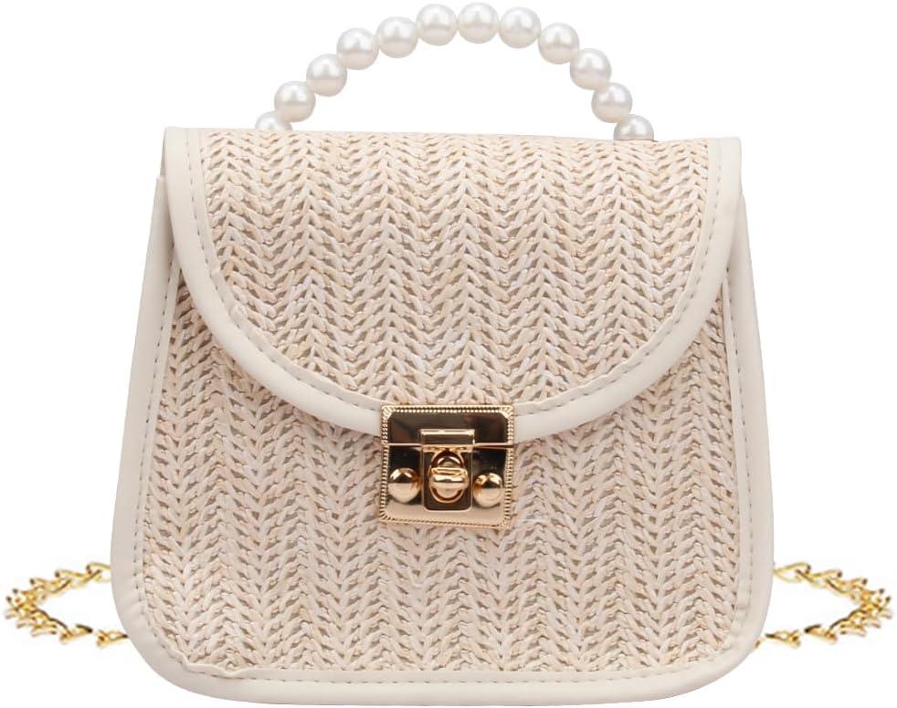 Mini Straw Bag for Girls, Summer Woven Crossbody Shoulder Bag for Women, Small Pearl Top Handle Handbag Flap Purse (White)