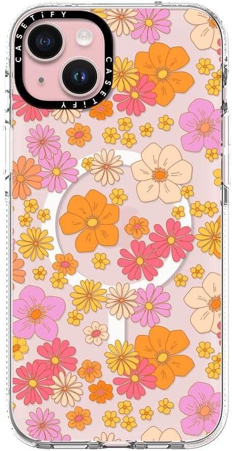 CASETIFY Clear iPhone 15 Plus Case [Not Yellowing / 6.6 ft. 3X Military Grade Drop Protection/Compatible with Magsafe] - Retro Boho Hippie Flowers - Clear