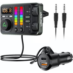 LENCENT Bluetooth Car Adapter, Bluetooth 5.3 FM Radio Transmitter with Hi-Fi Treble & Bass Music Player, PD20W and QC18W Fast Charger, Dual Mics for Hands-Free Call, Siri & Google, U Disk/3.5mm AUX