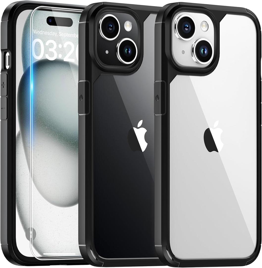 TAURI for iPhone 15 Plus Case, [3 in 1] 1X Black Case [Not-Yellowing] with 2X HD Tempered Glass Screen Protector, [Militarized Drop Defense] Slim Phone Case 6.7 inch, Black