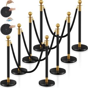 Ferraycle 8 Pcs 2026 Prom Stainless Steel Stanchion 5 ft Velvet Carpet Ropes and Pole Crowd Control Barriers Grand Opening Casino Movie Theme Party 360 Photo Booth Accessories (Black and Gold)