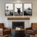 Framed Farmhouse Wall Art for Living Room, Set of 3 Black and White Highland Cow Canvas Prints, Modern Barn Windmill Wall Decor for Bedroom Dining Room Hallway 20x30 Inch