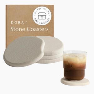 Dorai Home Stone Coaster Set  4 Absorbent Diatomite Coasters for Instant Drying, Modern Design, Sandstone