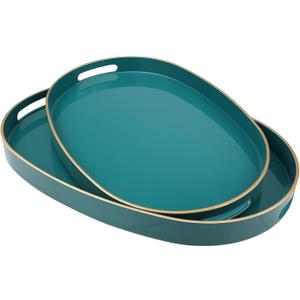 Green Oval Decorative Tray with Handles, Set of 2 Versatile Serving Trays for Coffee Table, Ottoman, Ideal for Serving, Displaying, Organizing (Oval, 2oval Green)