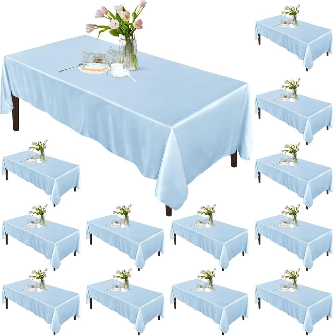 RUDONG M 12 Pack Light Blue Satin Tablecloth, 54 x 108 Inch Silky Satin Table Cloth Rectangle, Bright Smooth Satin Table Cover for Weddings, Banquet, Parties Dinning Decoration