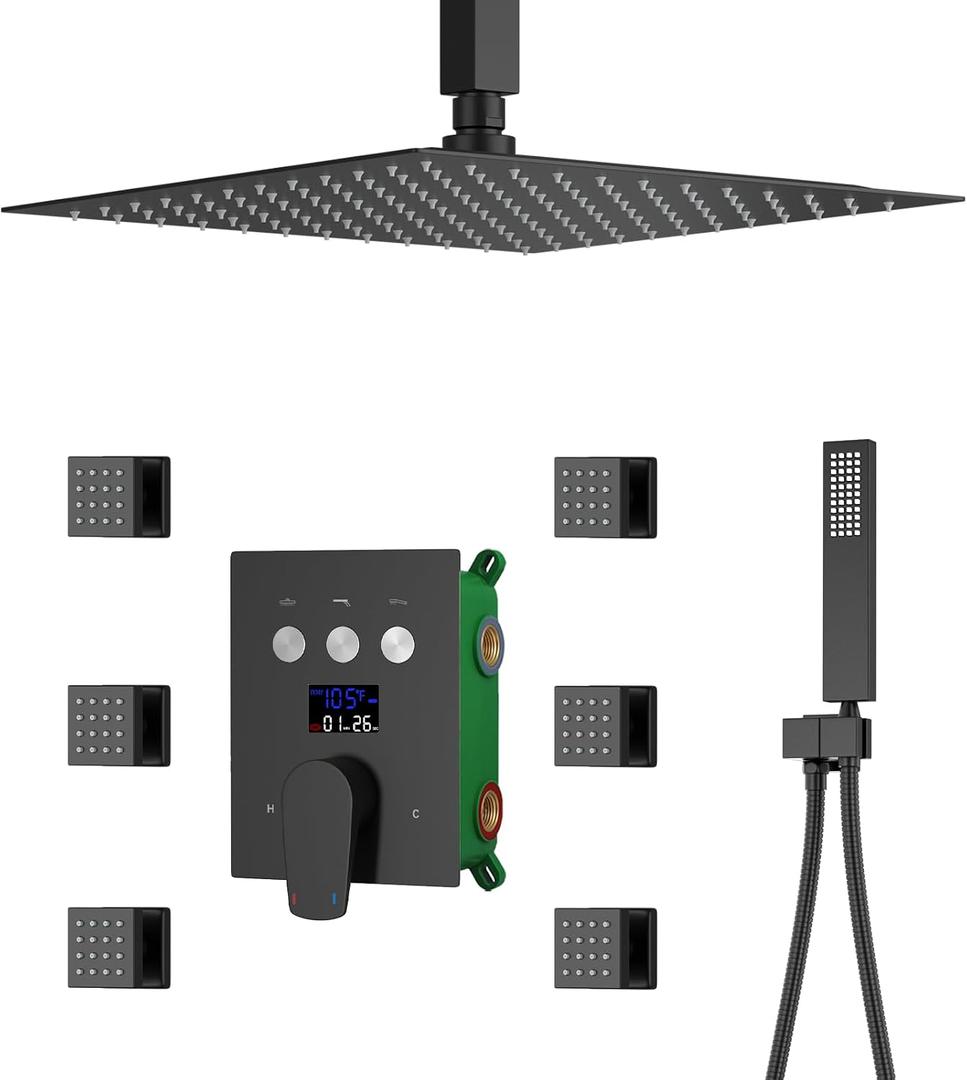 Digital Display Shower Faucet Set With 12 Inch Rainfall Shower Head,Brass Handheld Sprayer And 6pcs Body Jets,Full Body Shower System (Matte Black)
