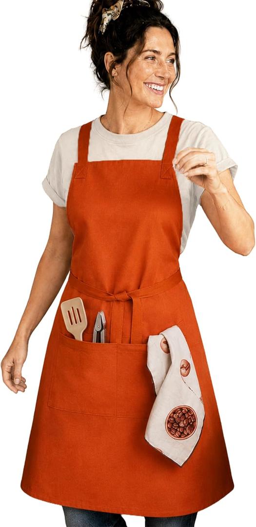 100% Cotton Kitchen Apron with 2 Pockets Adjustable Chef Apron for Cooking Baking BBQ Unisex Apron (Orange)