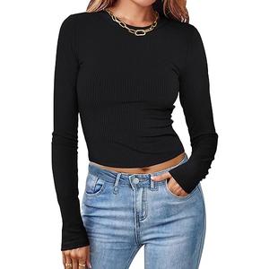MEROKEETY Women's Long Sleeve Square Neck Crop Top Ribbed Slim Fitted Y2K Casual T-Shirt Tops Size S