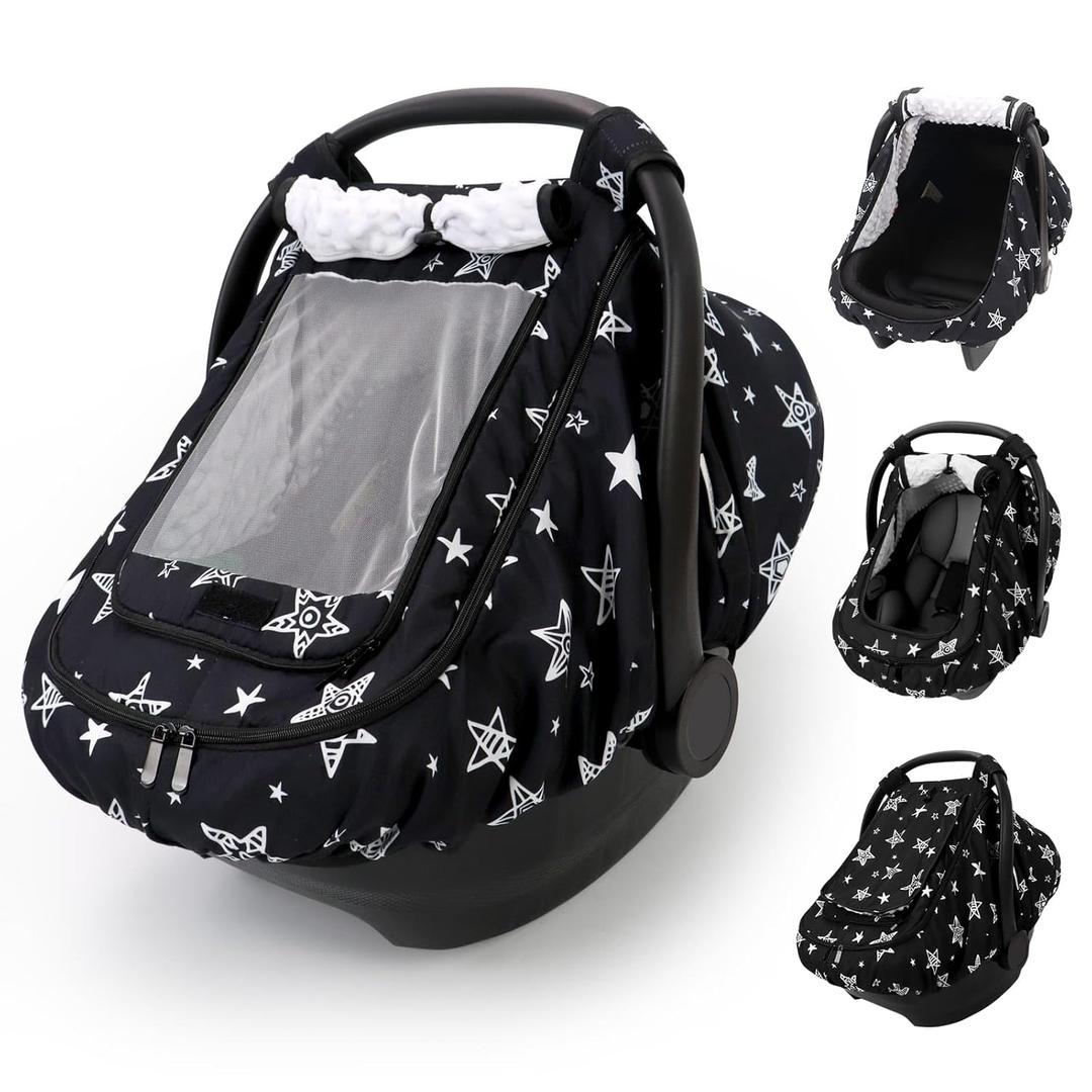 Car Seat Cover Baby Boy, Infant Car Seat Canopy Outdoor, 2 Layers with Mesh and Sun Shade Window for Summer Winter, Easy Access Carseat Covers Snug Fit Baby Stroller - Black Star