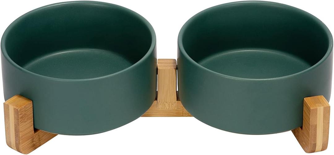 SPUNKYJUNKY Ceramic Dog and Cat Bowl with Wood Stand Non-Slip Matte Glaze Weighted Food Water Set for Cat Medium Dog 28.7 OZ (3.6 CUPS)