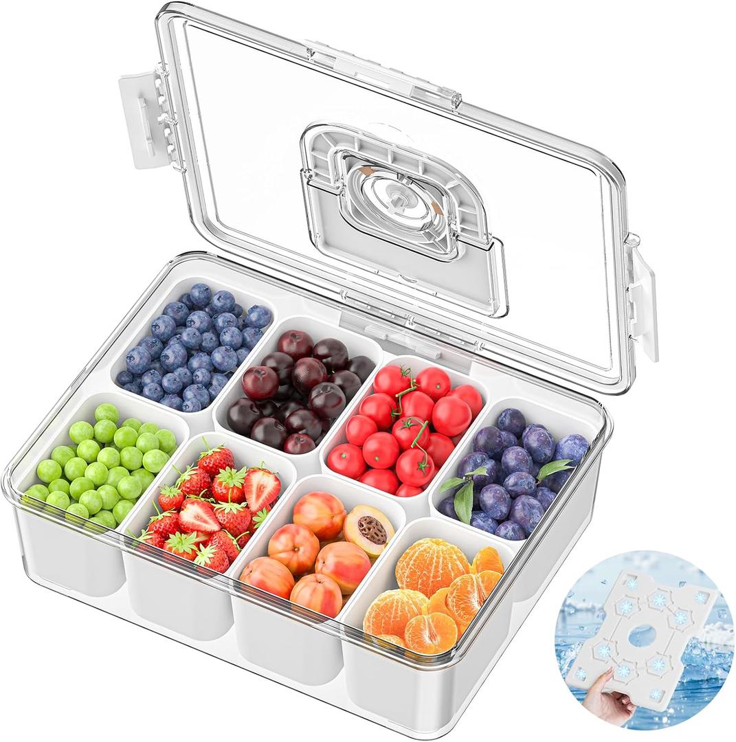 Chilled Snackle Box Container with Ice Pack, Charcoolerie Chilled Portable Serving Tray with Lid and Handle 8 Compartment Snack Container for Charcuterie Snack Road Trip Picnic Keep Fresh