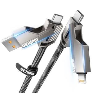 [Upgraded] 4-in-1 USB C Cable 45W 5FT Compatible with Lightning Cable [Fast Charging & Data Transfer] Flat Nylon Braided for iPhone iPad Charger Cord, Multi Charge Wire Combo with L/Type C/USB A Port